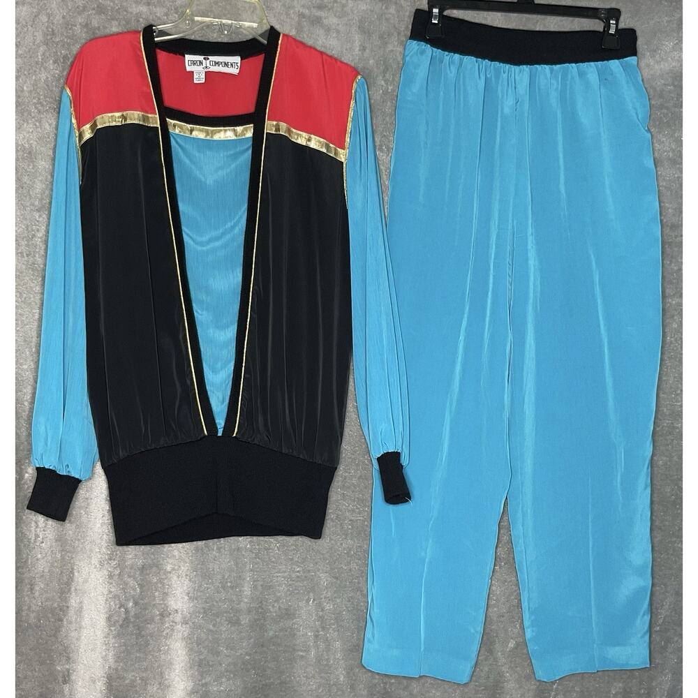 Vintage Caron Components Womens Medium Blue Red Color block 2pc Top & Pants Set